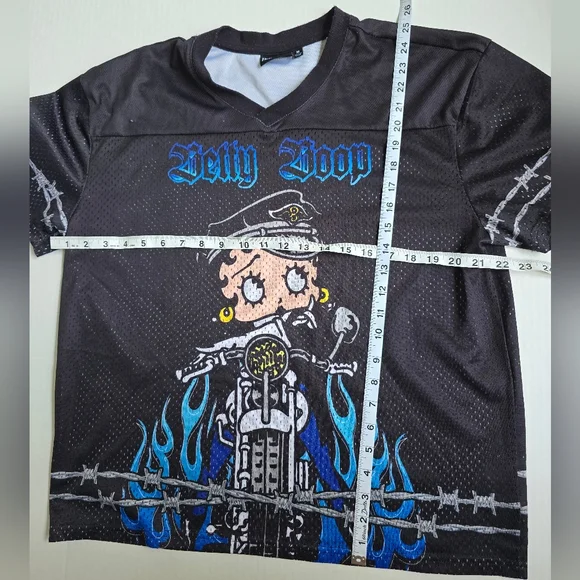 Betty Boop Y2K Vintage Black Jersey Blue Flames Motorcycle - Picture 5 of 7